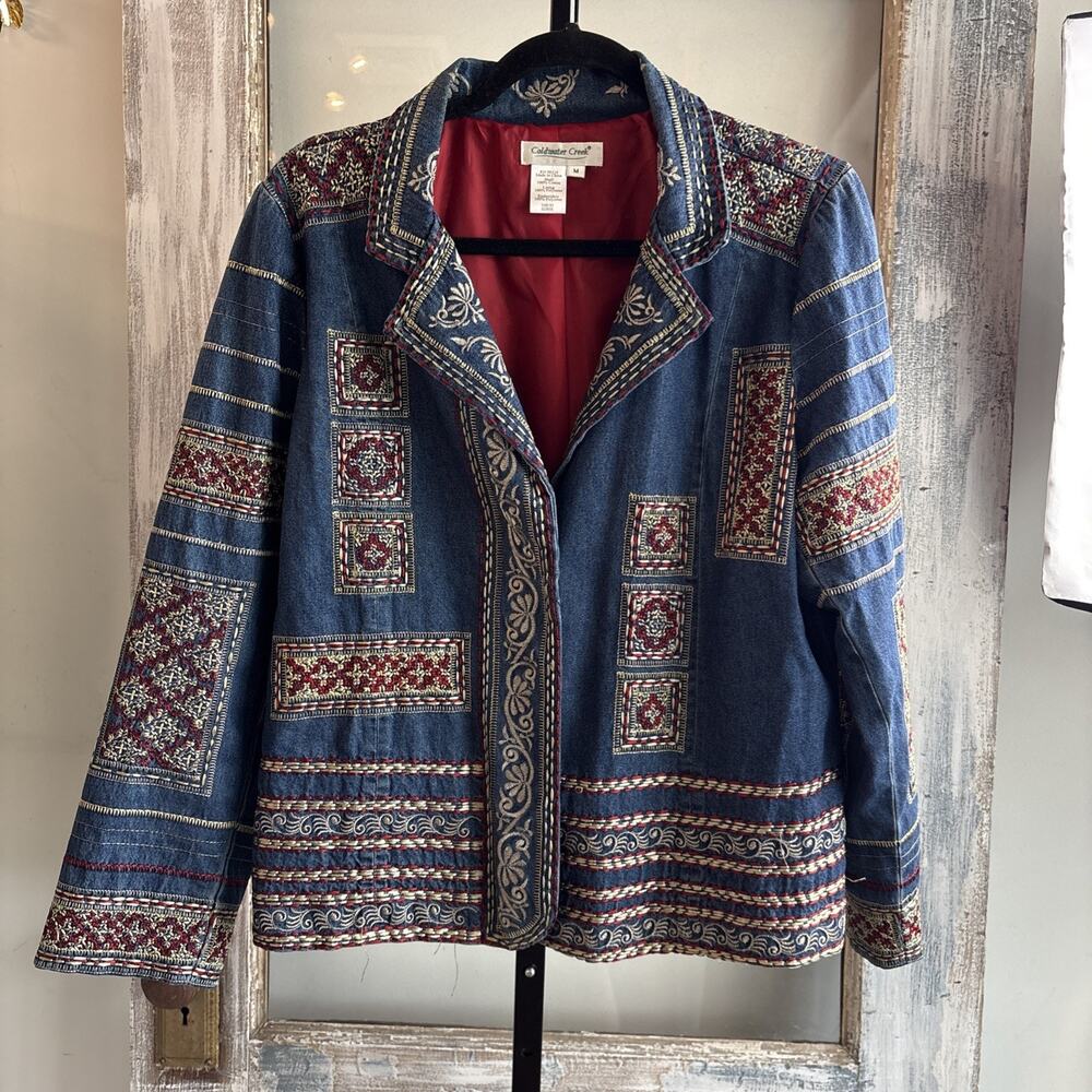 Coldwater Creek Embroidered Denim Jean Jacket Womens Sz M Artsy Statement Piece